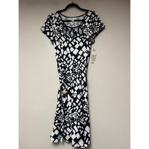 Chelsea Suite Black White Geo Print Midi Dress Plus Size 14 Keyhole Belted